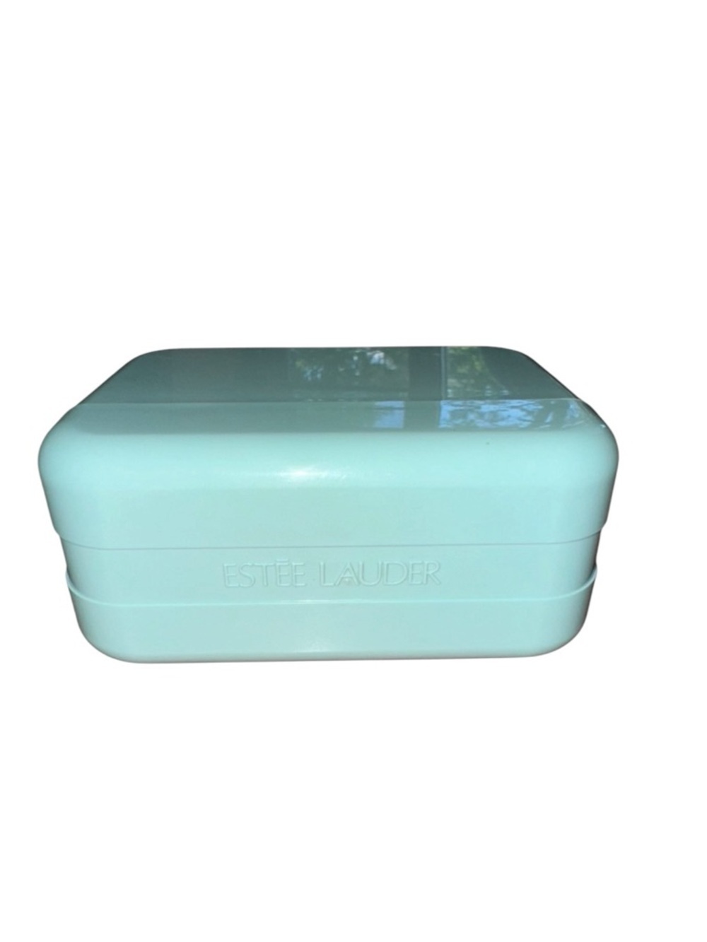 Estée Lauder hard plastic cosmetic storage box, mint aqua vanity organizer